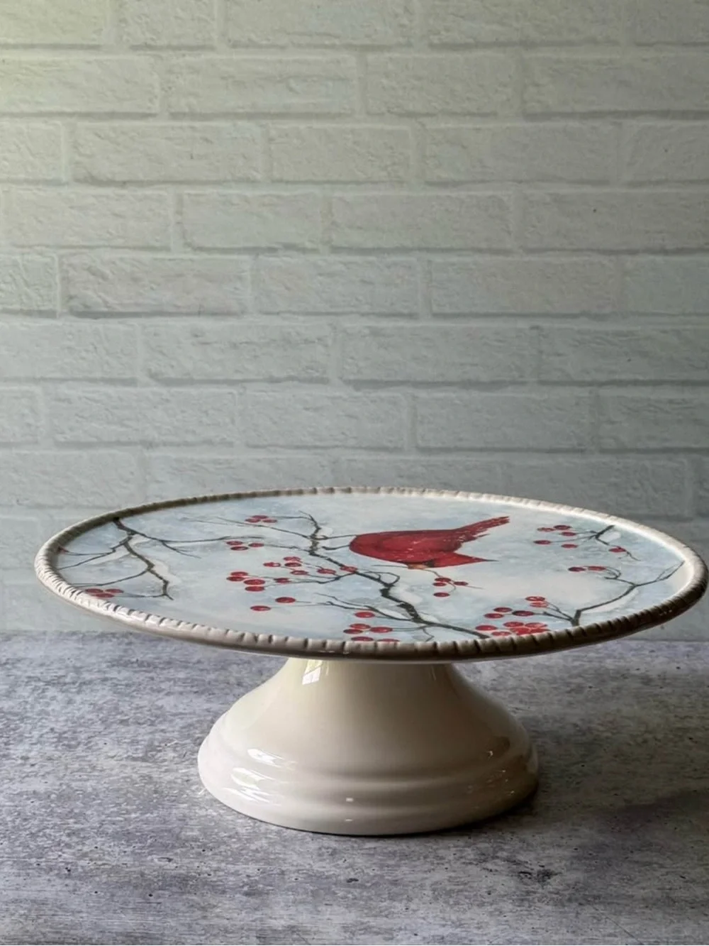 Cracker Barrel Red Cardinal Bird Cake Stand Winter Theme - Hard To Find